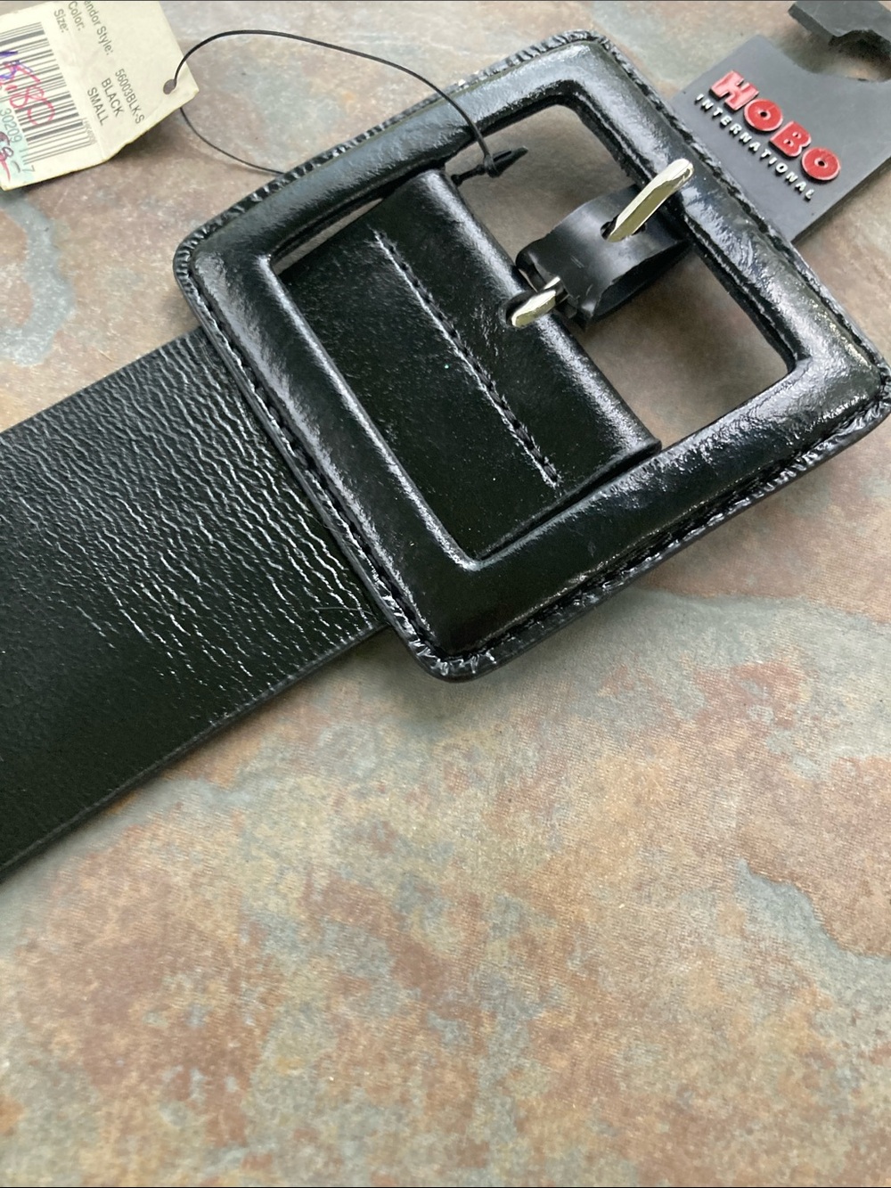 HOBO Black Patent Leather Wide Belt with Square Buckle
